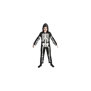 Chaks - Costume d'enfant squelette avec capuche, combinaison noire avec imprimé os, déguisement pour Halloween et carnaval