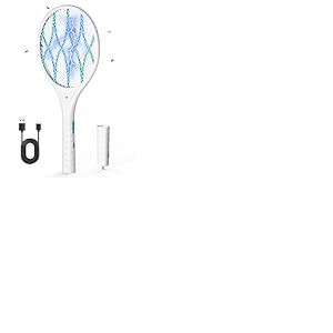 AROEVE Raquette Electrique Insectes, 4000V Raquette Anti Moustique Electrique, Recharge USB, Lumière LED, Lampe Torche Détachable, Protection à 3 Couches, Double Interrupteur, Maison, Jardin, Blanc