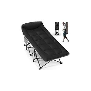 OVERMONT Lit de Camp Pliant avec Matelas - Lit de Camping Pliable 190 x 70 x 40 cm - Supporte jusqu'à 250 kg - Tissu Oxford avec Poche Latérale - Sac de Transport pour Camping Jardin Bureau - Noir