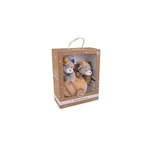 DODO D'AMOUR - Coffret Doudou Carré et Hochet - Ours - 027190 - Moutarde - Polaire - Naissance - Peluche - Bébé - 29 cm x 22 cm - À Partir de 0 mois