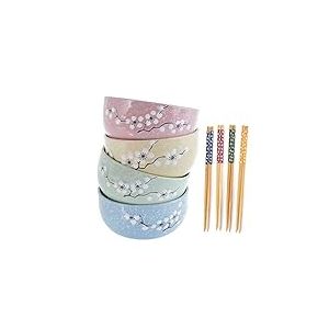 lachineuse - Coffret 4 Bols Japonais Fleurs de Cerisier Zen ⌀ 10,5 cm - Bols &agrave; Riz, Poke Bowl, Petit D&eacute;jeuner & Soupe - 4 Paires de Baguettes - Bol Asiatique Japon Asie - Cadeau Vaisselle Japonaise