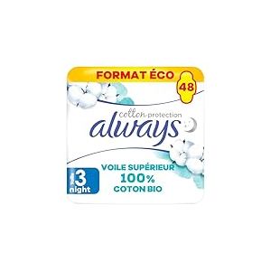 Always Cotton Protection Ultra Night (Taille 3) Serviettes Avec Ailettes x48, Voile 100% Coton Biologique