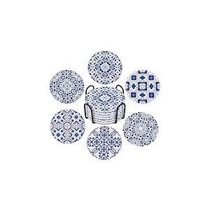Clover Lot de 6 Dessous de Verre avec Support, en c&eacute;ramique de Style Porcelaine Bleu et Blanc pour Protection de Table, absorbants de 10,2 cm, adapt&eacute;s pour Les Types de Tasses, Table en Bois