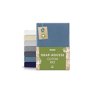 Dreamzie Drap Housse 120x200 cm - 130x200 cm, Jersey 100% Coton Bio, Hauteur De Matelas Jusqu'à 32 cm, Hypoallergénique, Oeko-Tex, Bleu