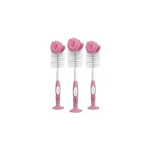 Dr. Brown's Lot de 3 éponges de Nettoyage réutilisables pour bébé avec Support à Ventouse, Brosse à récurer et Nettoyeur de tétons, Brosse à biberon Rose, Lot de 3