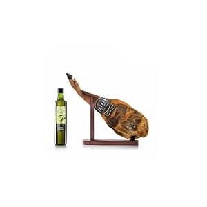 Delizius Deluxe® Set d'épaule de Boeuf ibérique 5-5,5 kg, Huile d'olive 750 ML et Porte-Jambon en Bois, pièce entière, saveur agréable et Intense, Faible teneur en Glucides, qualité Extra.