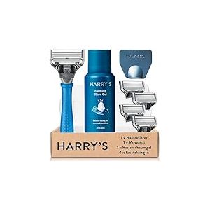 Harry's Rasoir humide pour homme - Kit de rasage avec poign&eacute;e bleue, 4 lames de rasage de rechange, protection de lame de voyage, gel &agrave; raser 60 ml, lames de rasage pour homme