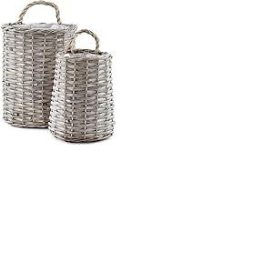 AuldHome Lot de 2 paniers muraux suspendus en osier tissé rustique gris délavé, taille S et M