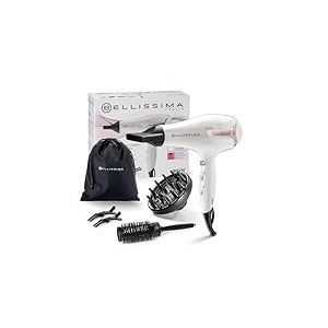 Bellissima Kit Sèche Cheveux Professionnel 2300W Blanc et Rose - Séchage Rapide, Chaleur Maîtrisée - Adapté Tous Types Cheveux - Accessoire Coiffure, Brushing - Brosse Ronde, Diffuseur Inclus
