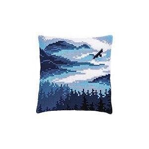 VERVACO Point De Croix Kit Coussin Complet Set PAYSAGE BLEU Decoration Manuelle Broderie Kit Adulte Art Creatif Cadeau DIY Cross Stitch Embroidery ca. 40 x 40 cm