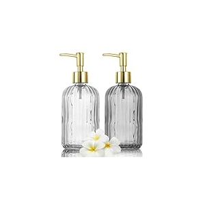 Distributeur Savon, Lot de 2 flacons de Savon en Verre Polyvalents Anti-Goutte de 500 ML, Distributeur de Liquide Rechargeable pour Salle de Bain, comptoir, Cuisine, buanderie - Transparent et Gris