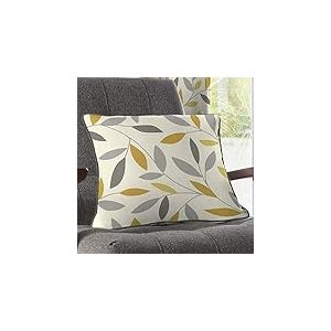 Fusion - Coussin Feuille Floral Gris/Ocre (43 x 43 cm) - 100% Coton - Rembourrage Inclus - Coussin à Bord Passepoil - Rideaux Assortis Disponibles - Coussin Gris/Jaune avec Rembourrage
