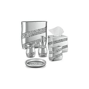 Dwellza Ensemble de 6 Accessoires de Salle de Bain en mosa&iuml;que argent&eacute;e avec Distributeur de Savon, Porte-Brosse &agrave; Dents, gobelet, Porte-Savon, Housse pour mouchoirs, Corbeille &agrave; Papier