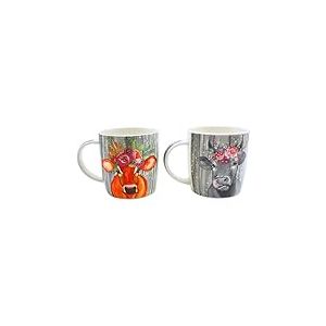 Dekohelden24 Lot de 2 tasses &agrave; caf&eacute; en porcelaine &ndash; Motif vache avec bijou de t&ecirc;te &ndash; Dimensions H/&Oslash; : 12 x 9 cm, capacit&eacute; 300 ml