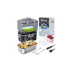 Romon Gamelle Chauffante, 75W Lunch Box Chauffante Lunch Box Chauffante Electrique 1.8L Acier Inoxydable 12V/24V/220V Gamelle Isotherme Repas Chaud pour Voiture Camion, Boite Chauffante Repas,Noir