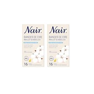 Nair Bandes de Cire Froide, pour le maillot et les aisselles, kit à domicile pour femmes, enrichie en huile de graines de coton, 16 bandes et 2 soins finition douceur. (Lot de 2)