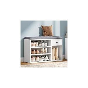 YITAHOME Banc à Chaussures avec Assise, Banc de Rangement, rembourré, 3 Compartiments Ouverts et tiroir en Tissu, Peut contenir des Bottes, étagère à Chaussures pour Salon, Couloir, Blanc/Gris, 78 x