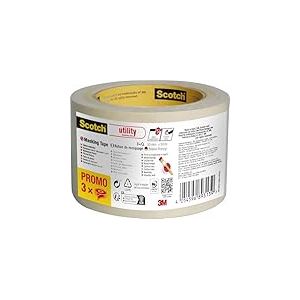 Scotch Ruban de Masquage Utility Beige, Promo Pack de 3 Rouleaux, 30 mm x 50m - Pour Peinture et Décoration Intérieure, 70% PEFC