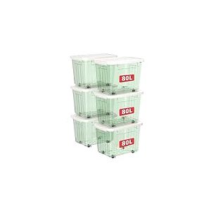 Cetomo 80L*6 Boîtes de Rangement avec Couvercles, Boîte de Rangement en Plastique avec Clips et Roulettes, Empilables, Encastrables, pour Placard de Bureau à Domicile, Vert Transparent, 80L, Lot de 6