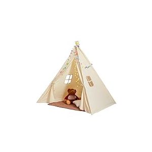 VEVOR Tipi Tente de Camping pour Enfants de 1 à 5 Ans avec Tapis et Boules en Peluche décoratives avec fenêtres pour l'intérieur et l'extérieur Beige