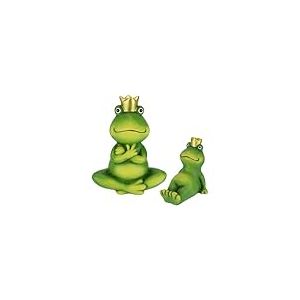 Lot de 2 figurines décoratives de jardin Roi grenouille - 9 + 18 cm - En terre cuite - Vert - Avec couronne dorée - Figurine de conte de fées - Figurine animale pour le printemps, l'été, l'automne