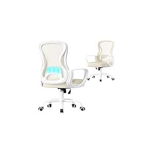 SONGMICS Chaise de Bureau Ergonomique Pivotante, en Maille, Fauteuil de Bureau, Soutien Lombaire, Fonction Basculante, Accoudoirs, pour Chambre, Beige Cappuccino et Blanc Nuage OBN043LH02
