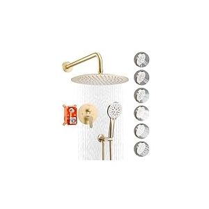VEVOR Ensemble de Robinetterie de Douche Encastrable, Syst&egrave;me de Douche de Pluie avec Pommeau de T&ecirc;te Rond de 25,4 cm, Douchette &agrave; Main et Kit de Garniture, Fixation Murale, Salle de Bain, Or Bross&eacute;