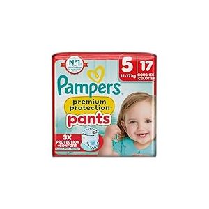 Pampers Premium Protection Pants Taille 5, 17 Couches-Culottes, 11kg-17kg, Avec un Maintien 360&deg; et des Barri&egrave;res Anti-fuites Douces 2 fois plus larges qu&rsquo;avant pour Confort et Protection