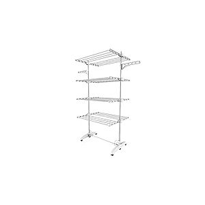 Todeco Etendoir à Linge intérieur à 4 Niveaux, Séchoir à Linge Pliant en Acier Inoxydable, Sèche-Linge Etendoir Pliable avec Ailes réglables en Hauteur pour Terrasse Jardin, Blanc