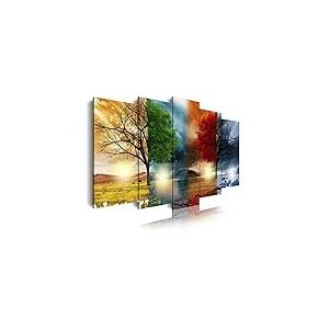 DekoArte 237 - Impression Sur Toile Moderne D'Images Artistiques Num&eacute;ris&eacute;es | Toile D&eacute;corative Pour Votre Salon Ou Votre Chambre | Style Paysage Quatre Saisons Arbres Rouges | 5 Pi&egrave;ces 150 x 80 cm