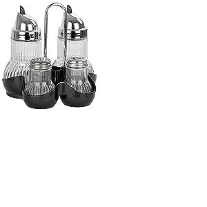 Fackelmann 46970 Vinaigre et de &ouml;lausgie&szlig;er, sali&egrave;re et poivri&egrave;re + Pot &agrave; Cure-Dents, Verre, Argent, 55 x 55 x 25 cm, 5 unit&eacute;s