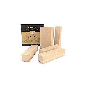 Arteza blocs de sculpture en tilleul pour la sculpture, l'artisanat et la menuiserie - Ensemble de 5 pi&egrave;ces avec un bloc 4"x 2"x 2" et quatre blocs 4"x 1"x 1".