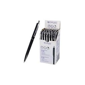 Westcott ALLTIME Lot de 50 stylos à bille rétractables avec encre noire - Largeur de trait M avec recharge standard X20 - Résistant aux documents ISO 12757-2 - Clip métallique robuste - E-737470 00