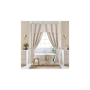MitoVilla Rideau de Douche bohème en Coton et Lin avec cantonnière élégante et 2 embrasses pour décoration de Salle de Bain Vintage de Style Rustique Marron Clair 183 x 183 cm