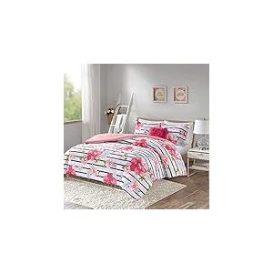 Comfort Spaces - Parure de lit Zoe – 4 pièces – Rose – Imprimé Floral aux Couleurs Vives et Jeunes avec Oreiller décoratif en Fausse Fourrure – Lit jumeau, Comprend 1 Couette, 2 Couvre-oreillers, 1
