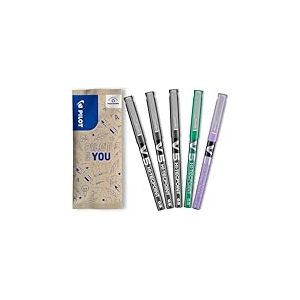 PILOT - Lot de 5 V5 - Stylos Roller à Encre Liquide à Pointe Fine pour une Écriture Fluide et Précise - Séchage rapide, ne fuit pas - 3 Noirs, 1 Vert, 1 Violet - Pointe Fine (0,5mm)