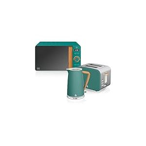 Swan Nordic Set petit-déjeuner bouilloire 1,7 L 2200 W, grille-pain à fente large 2 tranches, micro-ondes 20 L numérique, design moderne, effet bois, vert