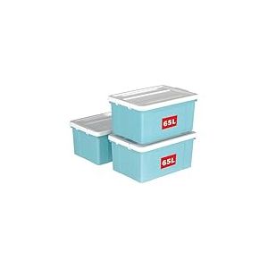Cetomo 65L*3 Bo&icirc;te de Rangement, Bac de rangement avec Poign&eacute;e, Plastique Organisateur avec Couvercle, Empilable, Transportable, pour V&ecirc;tements, Bureau, Chambre, Dortoirs, Bleu, 65L - Lot de 3