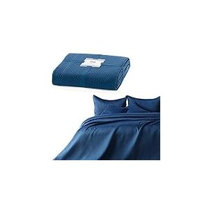 AmeliaHome Couvre-lit 170 x 270 cm Bleu fonc&eacute; jet&eacute; de lit Double Face gaufr&eacute; Mat Satin Carmen