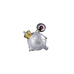 CFH Régulateur de pression de gaz propane 50 mbar à deux niveaux DR 414 – Réducteur de pression avec manomètre et sécurité thermique, entrée G.12, sortie H.4 1/4", pour bouteilles de gaz de 5 kg et 11