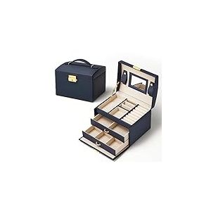 Mondeer Boîte à Bijoux, Boîte a Bijoux Cadeau, Rangement Boîte à Maquillage, Boite a Bijoux de Voyage à 3 Couches en Simili Cuir, avec 2 Tiroirs, Miroir et Serrure, Bleu foncé