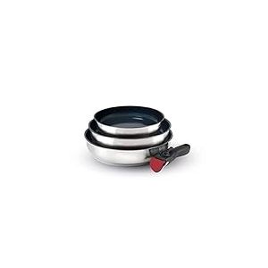 Qulinart by Brandt - Batterie de Cuisine à Induction 4 Pièces - Set de 3 Poêles Anti-Adhésives 20, 24 et 26 cm avec Poignée Amovible - Acier Inoxydable - Tout Feu - Sans PFOA - Argenté/Noir
