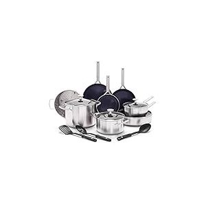 Blue Diamond Triple Steel Batterie de Cuisine en Acier Inoxydable 18/10 Revêtement Céramique Antiadhésive, 14 Pièces,Poêle à Frire,Casserole,Sans PFAS,Multicouche,Induction,Lave-Vaisselle,Four,Argenté