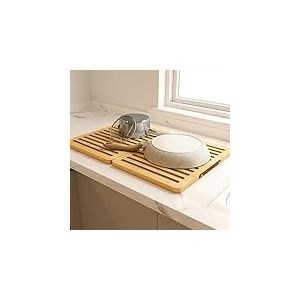 Wealone Tapis de s&eacute;chage en pierre pour comptoir de cuisine, tapis en pierre de diatom&eacute;e &agrave; s&eacute;chage rapide, &eacute;tui pliable en bambou, &eacute;gouttoir &agrave; vaisselle, absorbant l'eau, s&eacute;chage instantan&eacute; pour