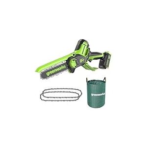 Greenworks 24V Mini Tronçonneuse 10cm Tronçonneuse à batterie sans fil alimentée par batterie et chargeur + Greenworks 10cm chaînes Pack de 2 chaînes + Sac à déchets de jardin Greenworks 120 L