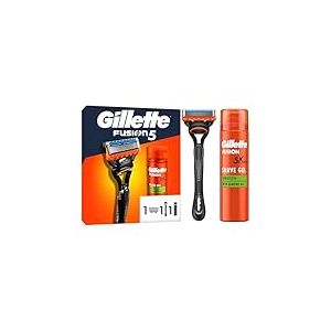 Gillette Fusion5 Rasoir Pour Homme, Manche R&eacute;utilisable et Recharge De Lames, Cartouche De Rechange Avec Bande Lubrifiante Et 5 Lames Affut&eacute;es, Kit De Rasage Avec Gel &Agrave; Raser 200ml