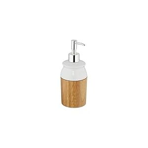 Relaxdays Distributeur de savon bambou, céramique, rechargeable, 225 ml, pompe, salle de bain, WC, nature/blanc, plastique, One size