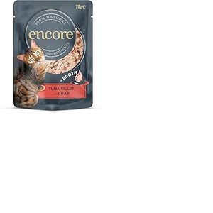 Encore Sachets de Nourriture Humide pour Chat 100% Naturels, Thon Succulent avec Crabe du Pacifique en Bouillon - Lot de 16 Pochettes de 70 g