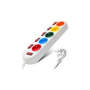 FISHTEC Multiprises Electriques 5 Prises Couleur - Bloc Multiprise Couleur - Interrupteur Général + pour Chaque Sortie + Stickers - Longueur Câble 150 CM - 29 x 9 CM - Blanc & Noir (Blanc)