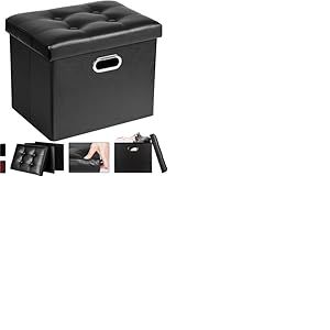 COSYLAND Pouf de Rangement Pliable en Similicuir avec Couvercle - Banc Coffre Multifonction 43x38x38cm - Tabouret Repose-Pieds 200kg - Ottoman de Salon Espace de Stockage Caché, Noir